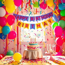 A vibrant and festive birthday decoration scene featuring colorful balloons, bright banners that read 'Happy Birthday', and a beautifully set table with a delightful cake adorned with candles