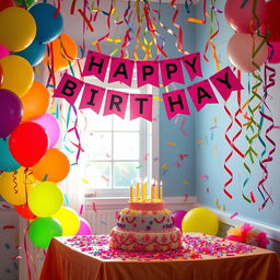 A vibrant and festive birthday decoration scene featuring colorful balloons, bright banners that read 'Happy Birthday', and a beautifully set table with a delightful cake adorned with candles