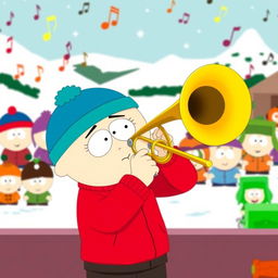 A lively illustration of Stan Marsh from South Park confidently playing a trombone