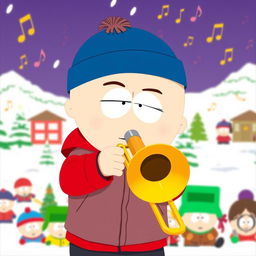 A lively illustration of Stan Marsh from South Park confidently playing a trombone