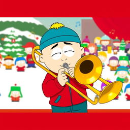 A lively illustration of Stan Marsh from South Park confidently playing a trombone