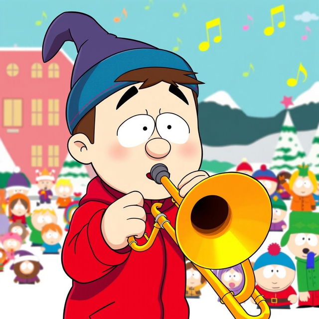 A lively illustration of Stan Marsh from South Park confidently playing a trombone