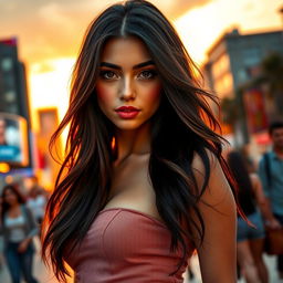 A stunning and attractive young woman, with long flowing hair and captivating eyes, wearing a stylish and alluring outfit that hints at her youthful charm