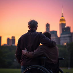 A warm-toned sunset setting the backdrop in Central Park, casting an orange and purple glow