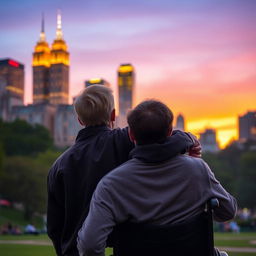 A warm-toned sunset setting the backdrop in Central Park, casting an orange and purple glow