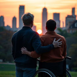 A warm-toned sunset setting the backdrop in Central Park, casting an orange and purple glow
