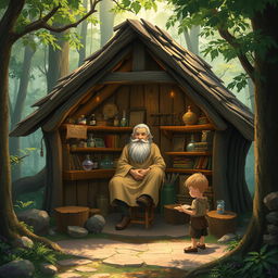 A small, rustic hut nestled in a tranquil forest setting