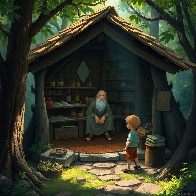 A small, rustic hut nestled in a tranquil forest setting