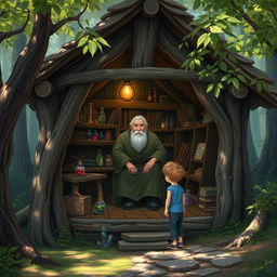 A small, rustic hut nestled in a tranquil forest setting