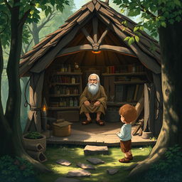 A small, rustic hut nestled in a tranquil forest setting