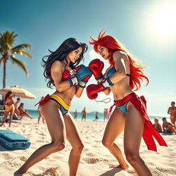 A vibrant beach scene featuring two female superheroes from the Marvel universe engaged in an energetic boxing match