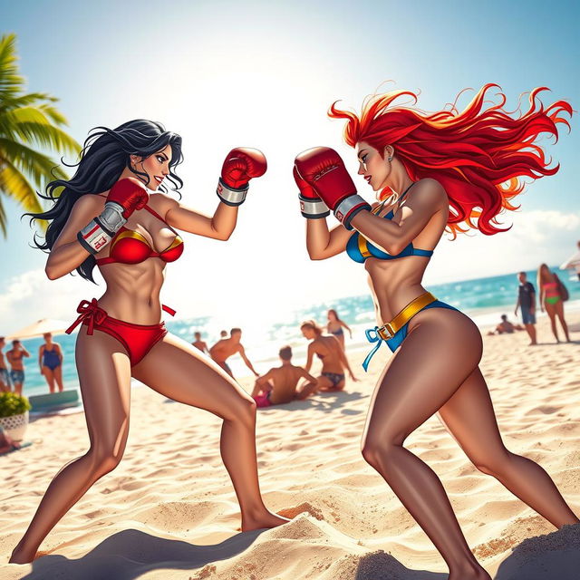 A vibrant beach scene featuring two female superheroes from the Marvel universe engaged in an energetic boxing match