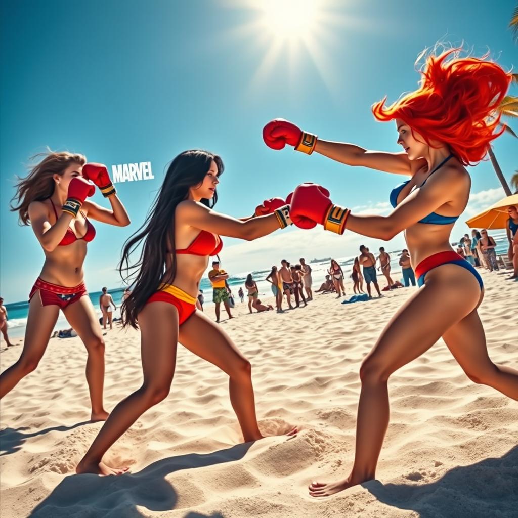 A vibrant beach scene featuring two female superheroes from the Marvel universe engaged in an energetic boxing match