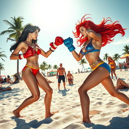A vibrant beach scene featuring two female superheroes from the Marvel universe engaged in an energetic boxing match