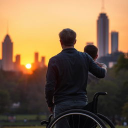 A warm-toned sunset casts an orange and purple glow over Central Park