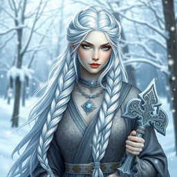 A winter Eladrin female cleric, featuring elegant, ethereal qualities