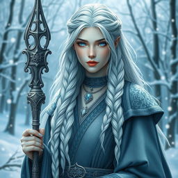 A winter Eladrin female cleric, featuring elegant, ethereal qualities