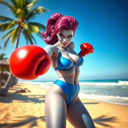 A dynamic scene featuring Marvel's Mystique in a beach setting, wearing a vibrant blue bikini that highlights her mutant skin color