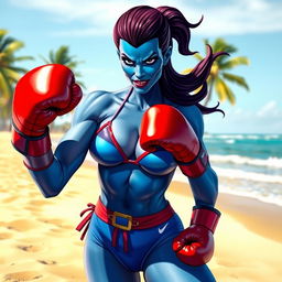 A dynamic scene featuring Marvel's Mystique in a beach setting, wearing a vibrant blue bikini that highlights her mutant skin color