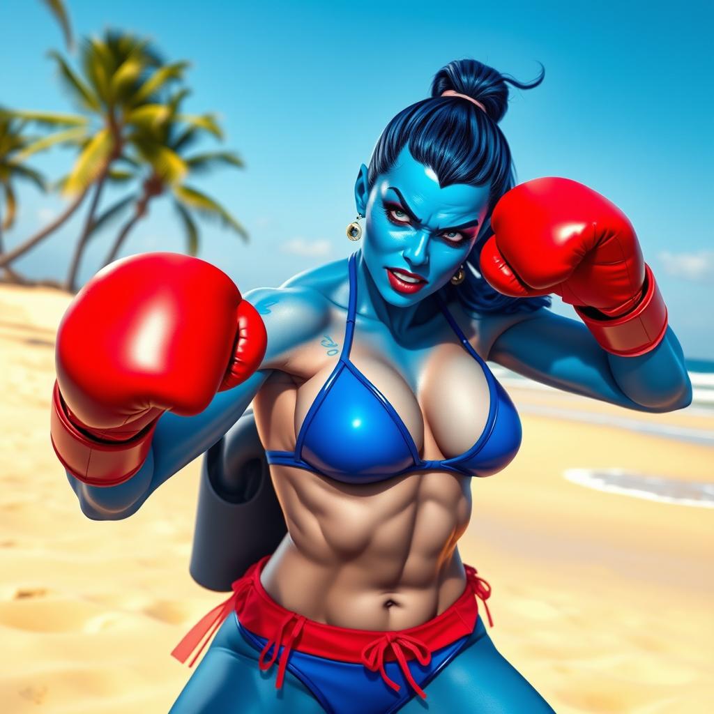 A dynamic scene featuring Marvel's Mystique in a beach setting, wearing a vibrant blue bikini that highlights her mutant skin color