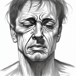 A black and white pencil sketch of a man in the throes of sorrow, tears streaming down his face