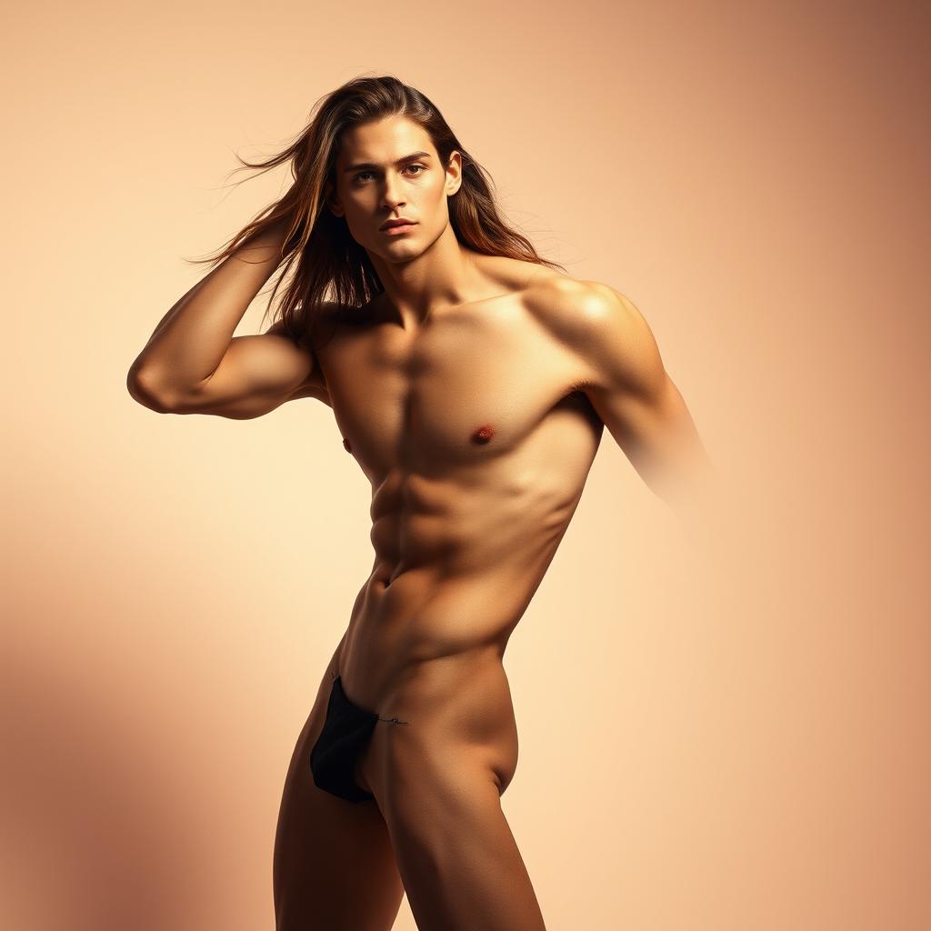 A fashion model striking a confident pose, showcasing a graceful and artistic silhouette with soft lighting