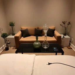 A cozy and inviting room with dim lighting, featuring a medium-sized sofa positioned centrally