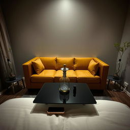 A cozy and inviting room with dim lighting, featuring a medium-sized sofa positioned centrally