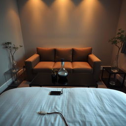 A cozy and inviting room with dim lighting, featuring a medium-sized sofa positioned centrally