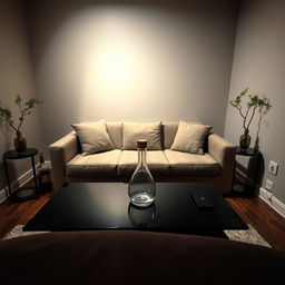 A cozy and inviting room with dim lighting, featuring a medium-sized sofa positioned centrally