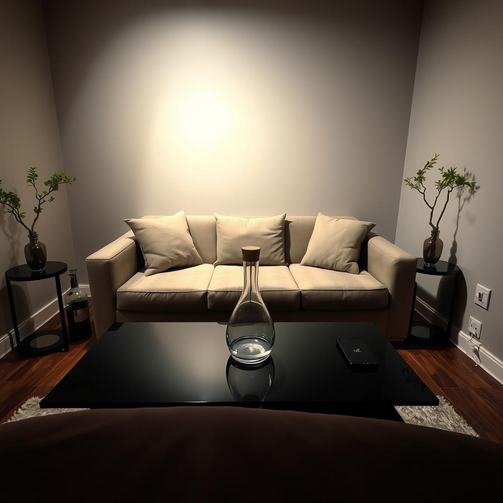A cozy and inviting room with dim lighting, featuring a medium-sized sofa positioned centrally