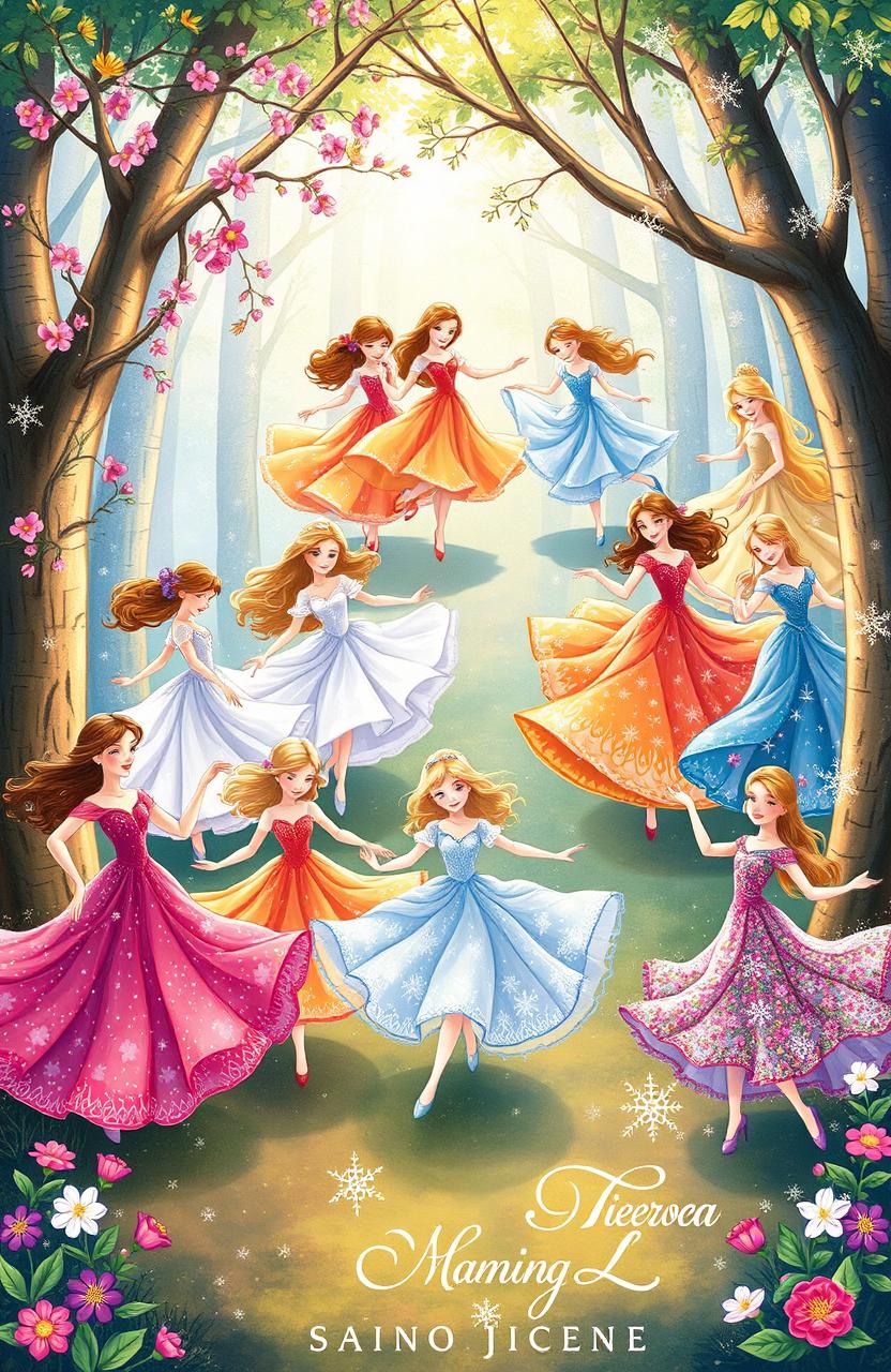 A whimsical and enchanting illustration of twelve dancing princesses, each representing a different season: vibrant colors of summer with blooming flowers and bright sunshine contrasting with the cool, mystical tones of winter filled with snowflakes and frosty landscapes