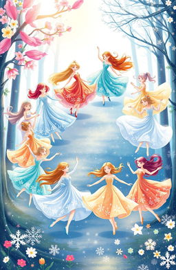 A whimsical and enchanting illustration of twelve dancing princesses, each representing a different season: vibrant colors of summer with blooming flowers and bright sunshine contrasting with the cool, mystical tones of winter filled with snowflakes and frosty landscapes