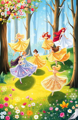 A whimsical and enchanting illustration of twelve dancing princesses, each representing a different season: vibrant colors of summer with blooming flowers and bright sunshine contrasting with the cool, mystical tones of winter filled with snowflakes and frosty landscapes