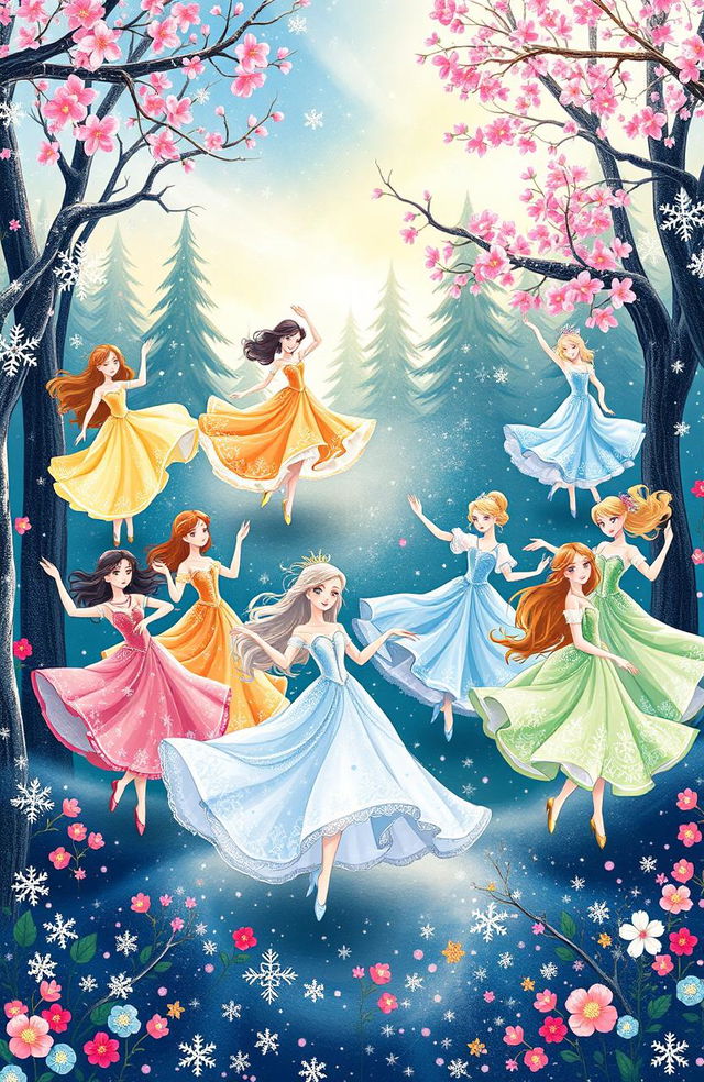 A whimsical and enchanting illustration of twelve dancing princesses, each representing a different season: vibrant colors of summer with blooming flowers and bright sunshine contrasting with the cool, mystical tones of winter filled with snowflakes and frosty landscapes