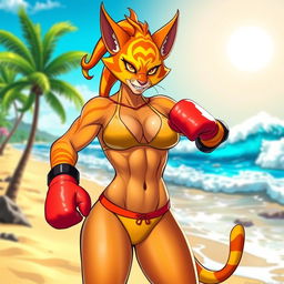 A muscular and athletic character inspired by Tigra from DC Comics, wearing a vibrant and stylish bikini, standing confidently on a sunny beach