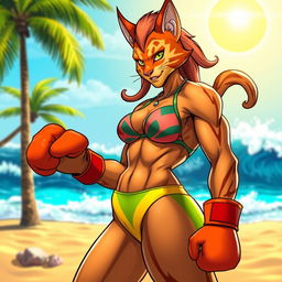 A muscular and athletic character inspired by Tigra from DC Comics, wearing a vibrant and stylish bikini, standing confidently on a sunny beach