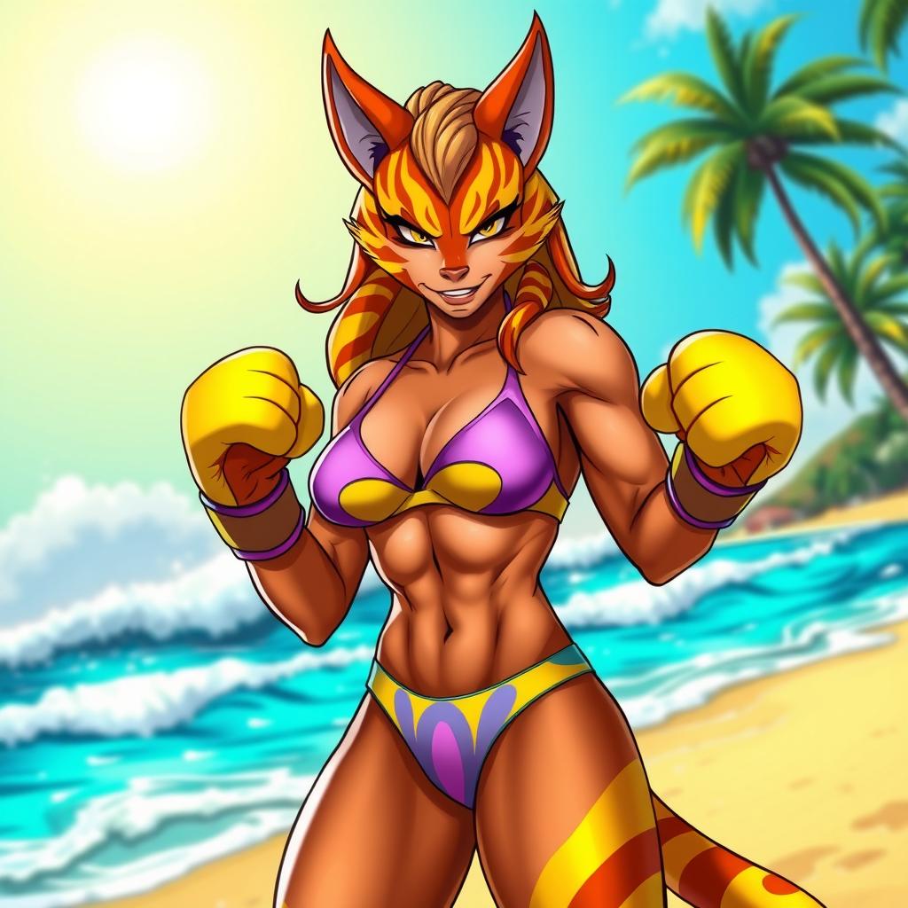 A muscular and athletic character inspired by Tigra from DC Comics, wearing a vibrant and stylish bikini, standing confidently on a sunny beach