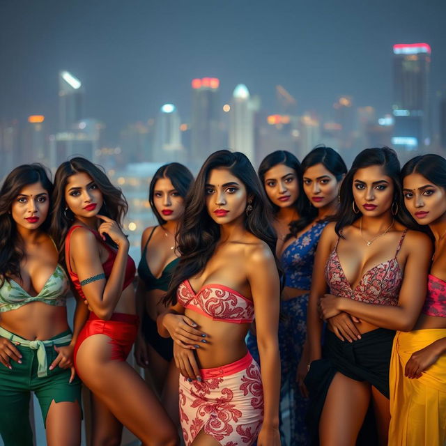 A captivating scene featuring a group of stunning Indian models, flaunting fashionable and sexy outfits