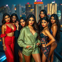 A captivating scene featuring a group of stunning Indian models, flaunting fashionable and sexy outfits