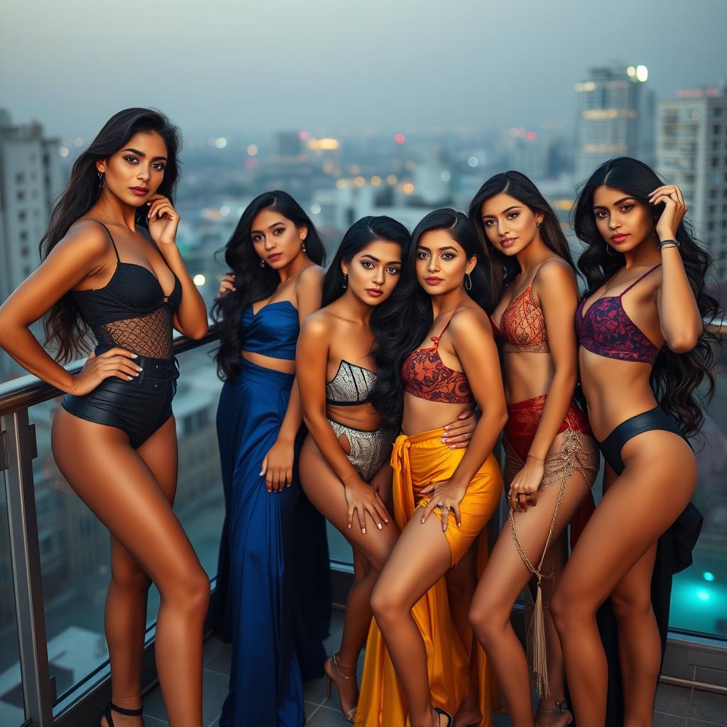 A captivating scene featuring a group of stunning Indian models, flaunting fashionable and sexy outfits