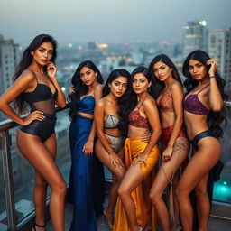 A captivating scene featuring a group of stunning Indian models, flaunting fashionable and sexy outfits