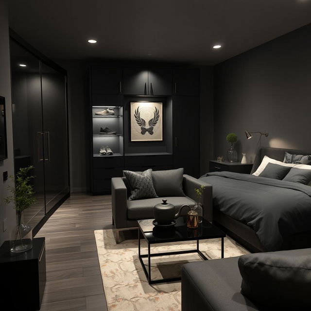 A beautifully designed room with an area of 4m x 4m, featuring a stylish color scheme of black and gray