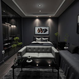 A beautifully designed room with an area of 4m x 4m, featuring a stylish color scheme of black and gray