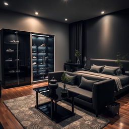 A beautifully designed room with an area of 4m x 4m, featuring a stylish color scheme of black and gray