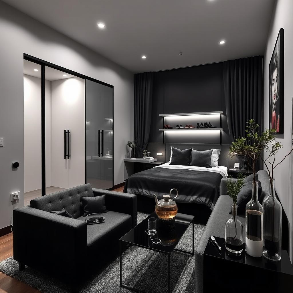 A beautifully designed room with an area of 4m x 4m, featuring a stylish color scheme of black and gray