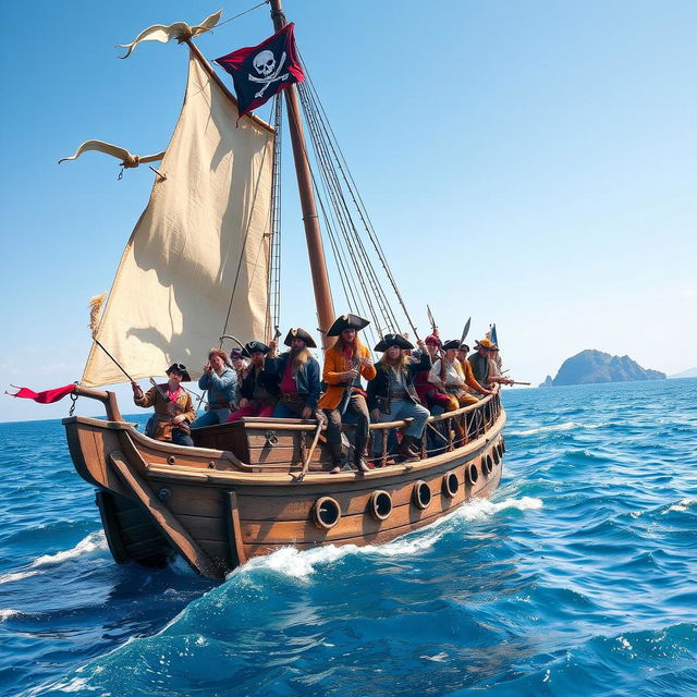 A vibrant and adventurous scene featuring a group of pirates on a classic wooden pirate ship, with tattered sails billowing in the wind