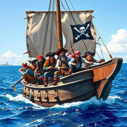 A vibrant and adventurous scene featuring a group of pirates on a classic wooden pirate ship, with tattered sails billowing in the wind