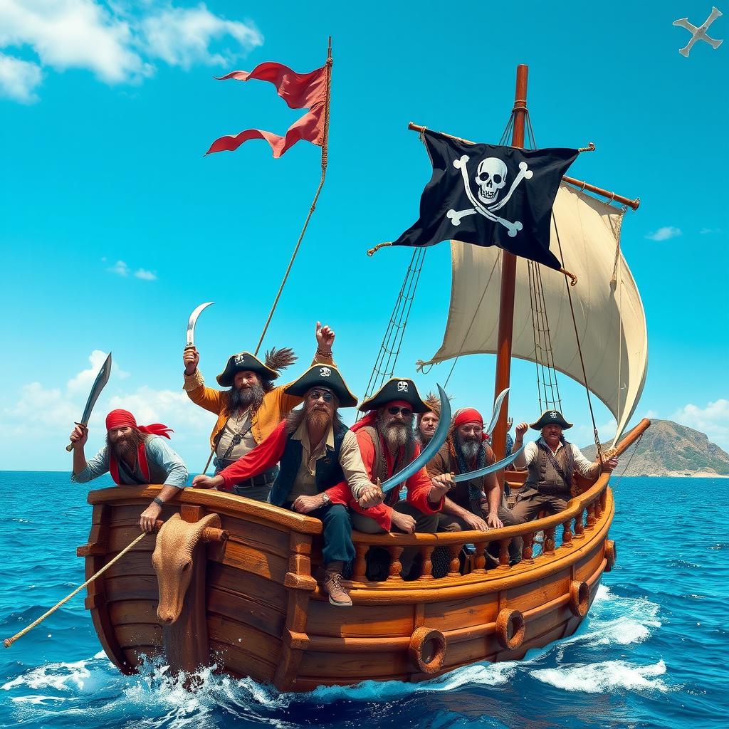 A vibrant and adventurous scene featuring a group of pirates on a classic wooden pirate ship, with tattered sails billowing in the wind