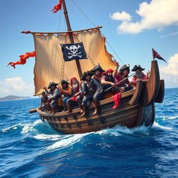 A vibrant and adventurous scene featuring a group of pirates on a classic wooden pirate ship, with tattered sails billowing in the wind